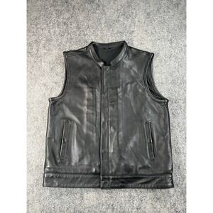 First Mfg Co Mens Black Leather Full Zip Vest Biker Mens Large Heavy Pockets